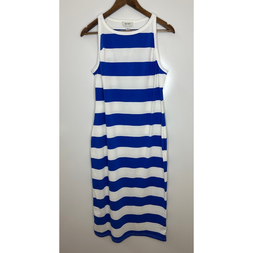 NEW On 34th Ringer Trim Sleeveless Knit Midi Dress Cobalt Blue Wht Stripe Large - Picture 15 of 15